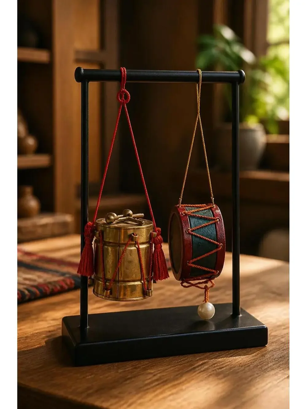 Vintage Miniature Drum & Brass Drum Ornament Set Hangin